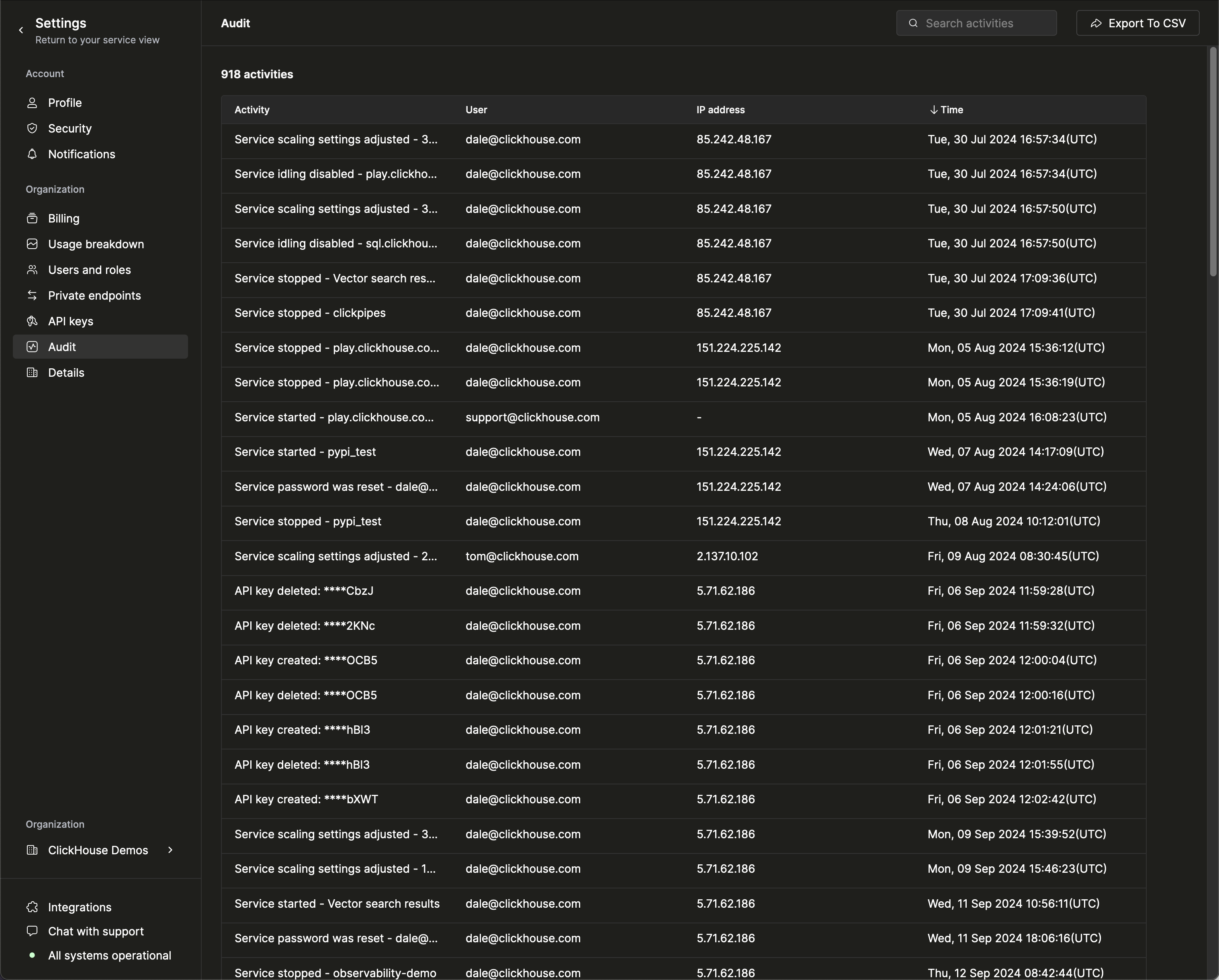 ClickHouse Cloud 활동 테이블