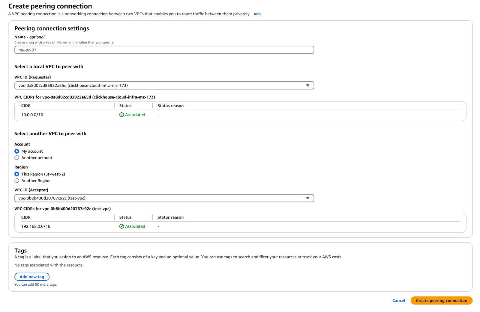 BYOC 피어링 연결 생성