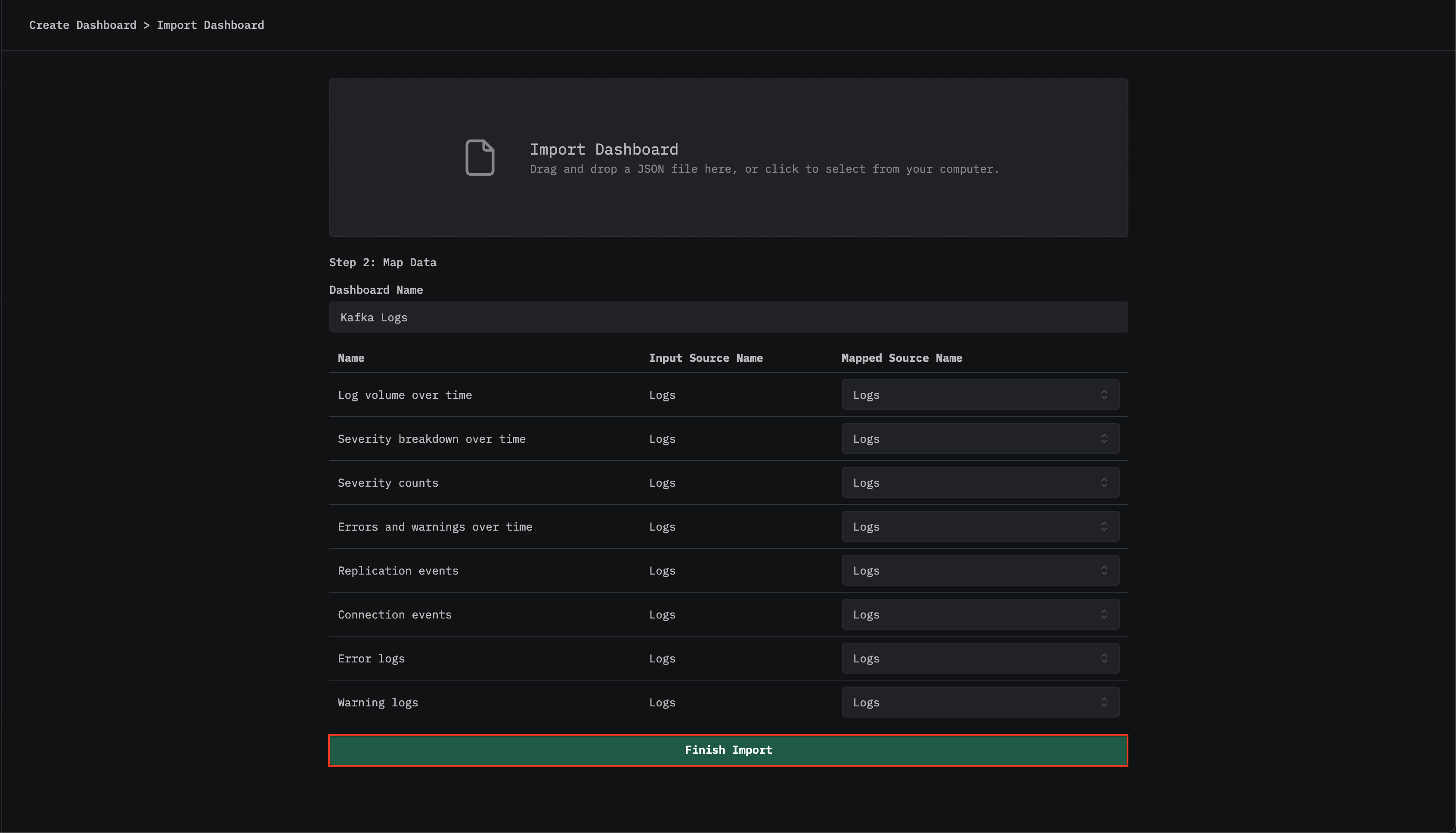 Kafka 로그 대시보드 가져오기 완료