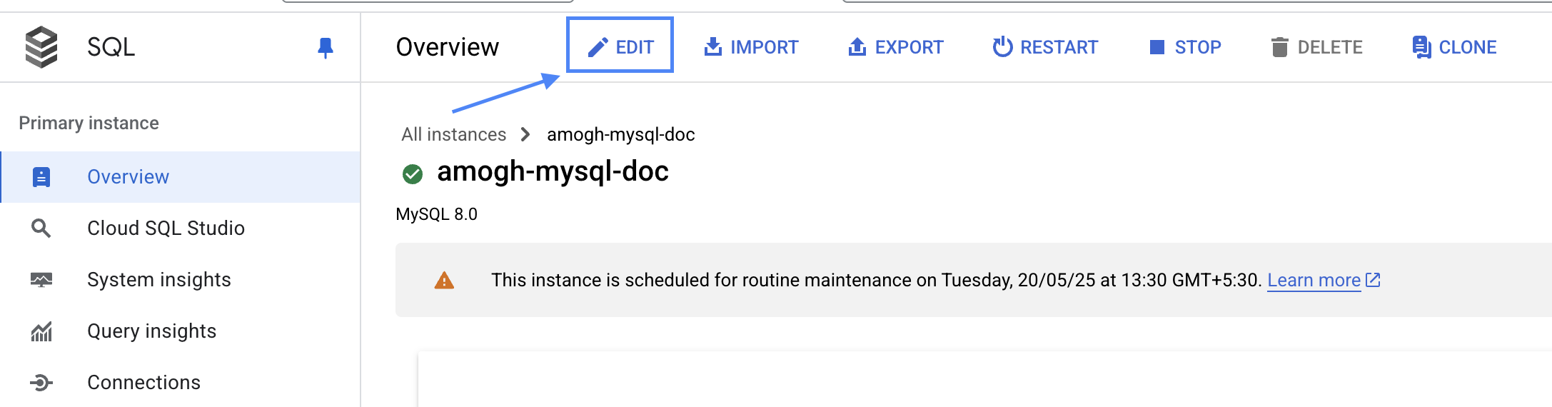 GCP MySQL에서 Edit 버튼