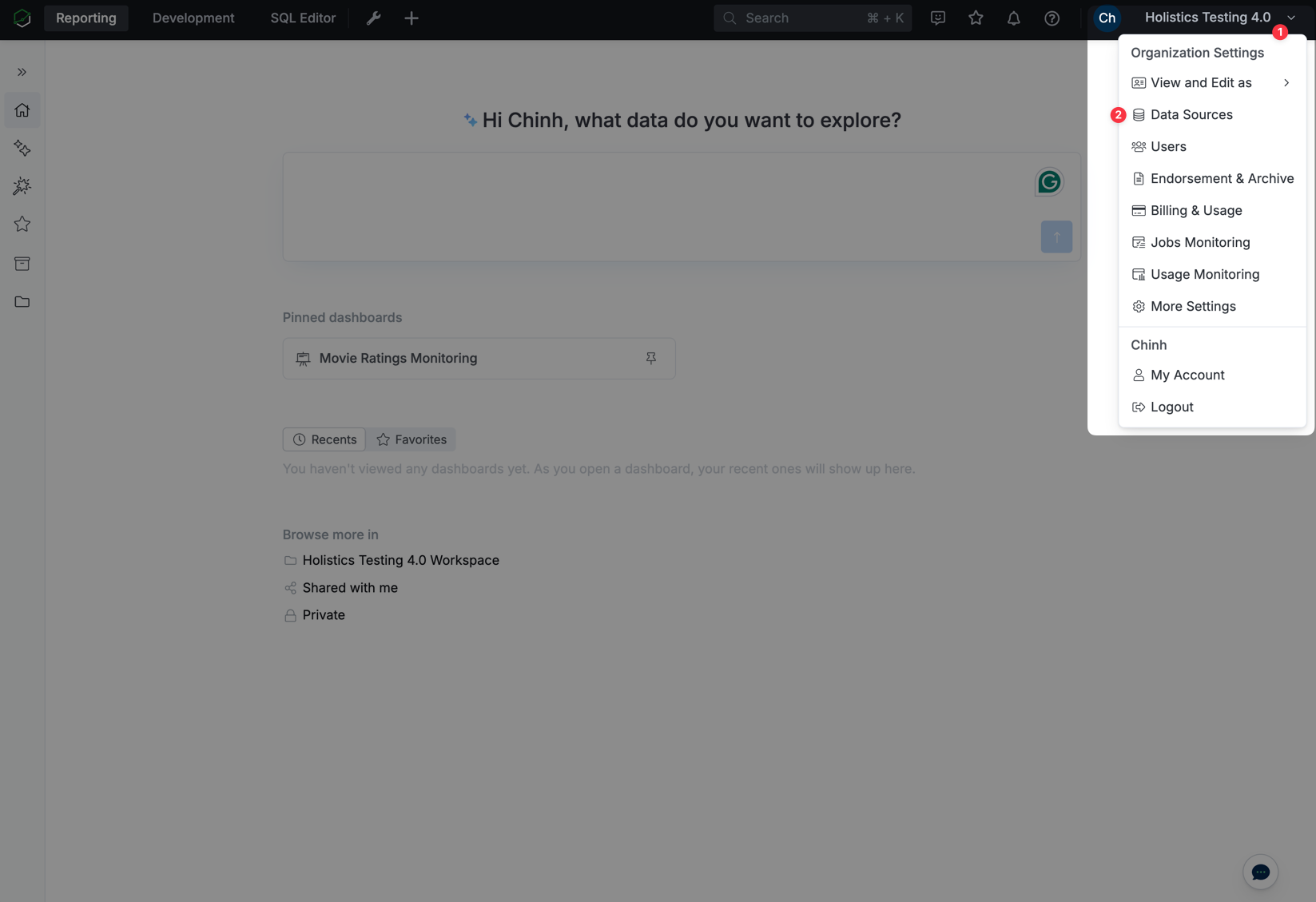 Holistics 설정에서 Data Sources로 이동하는 화면