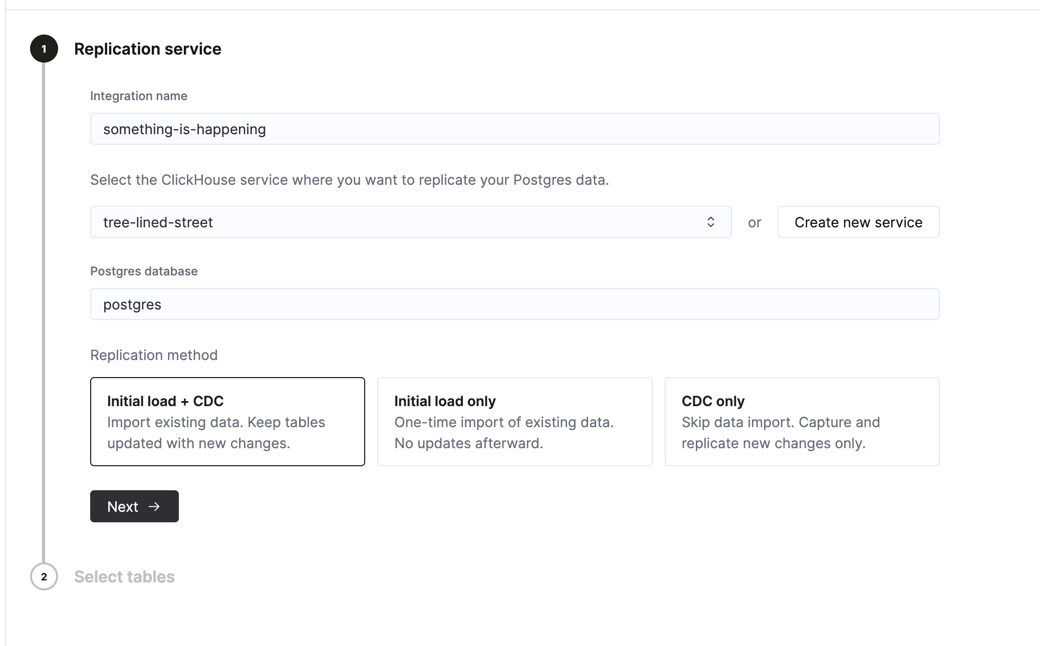 통합 이름, 대상 서비스 및 복제 방법 옵션을 보여주는 복제 서비스 구성 화면
