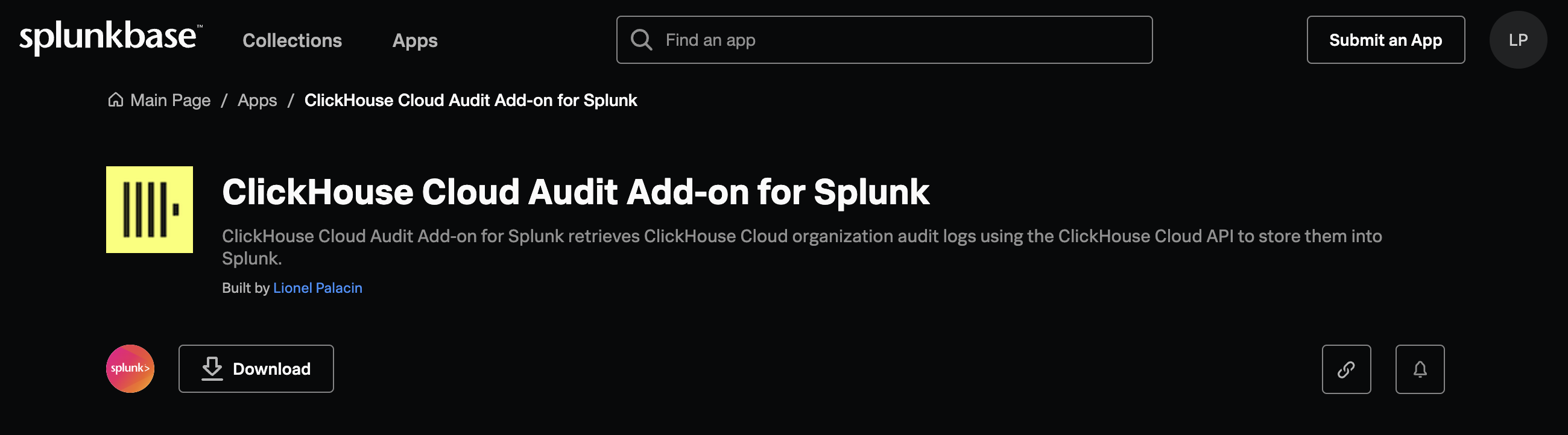 Splunk용 ClickHouse Cloud Audit Add-on 다운로드 페이지를 보여주는 Splunkbase 웹사이트